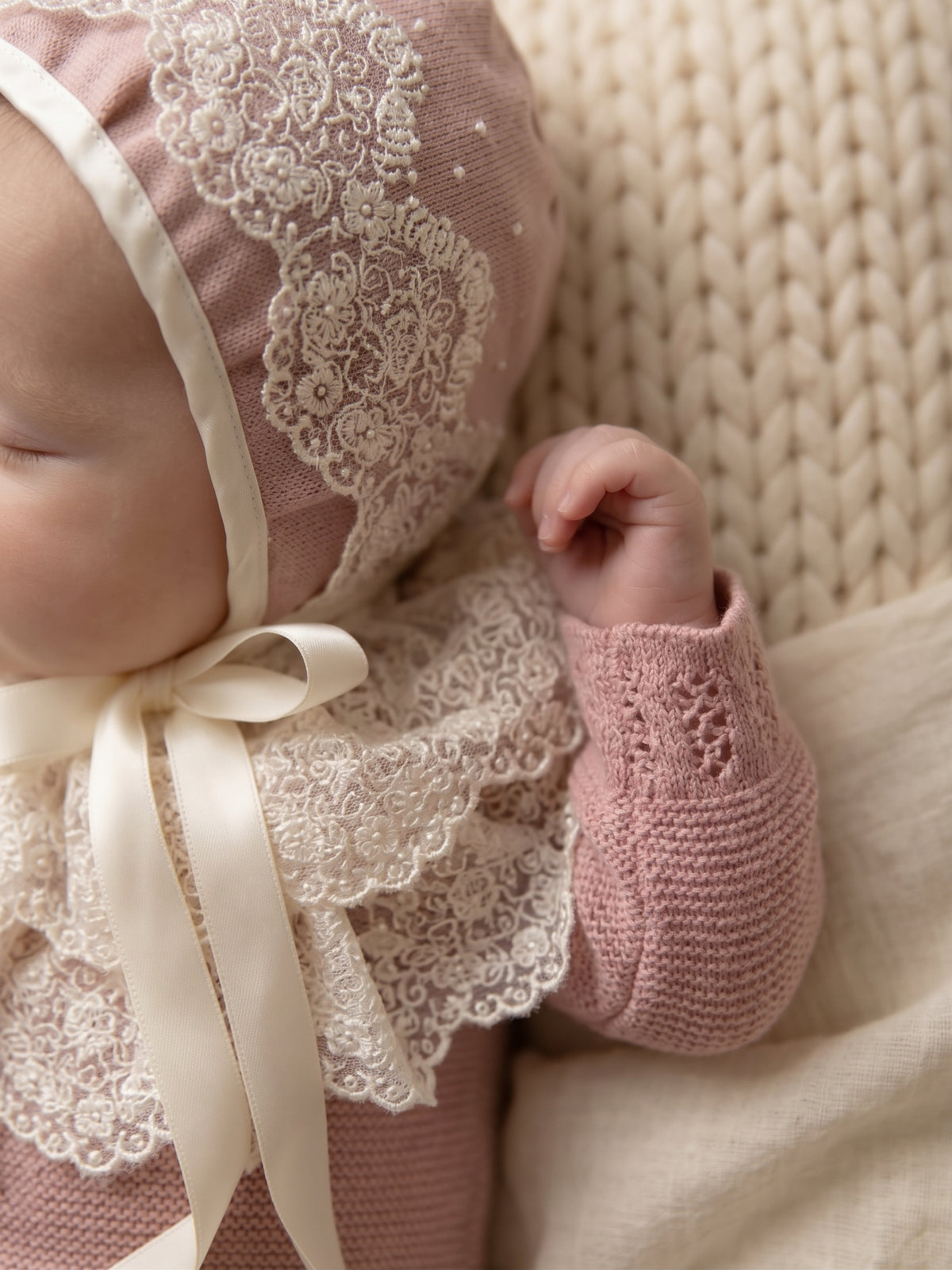 Deluxe Dusty Pink Newborn Set with Lace Bonnet