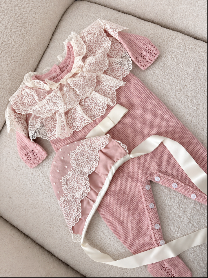 Deluxe Dusty Pink Newborn Set with Lace Bonnet