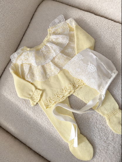 Deluxe Butter Yellow Newborn Set with Lace Bonnet