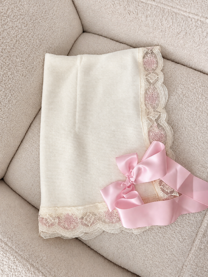 Deluxe Ivory Knit Baby Blanket with Blush Pink Embroidered Lace