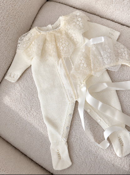 Deluxe Ivory Knit Newborn Romper with Embroidered Lace Bonnet