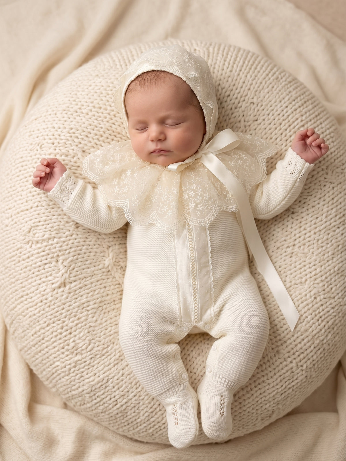 Deluxe Ivory Knit Newborn Romper with Embroidered Lace Bonnet