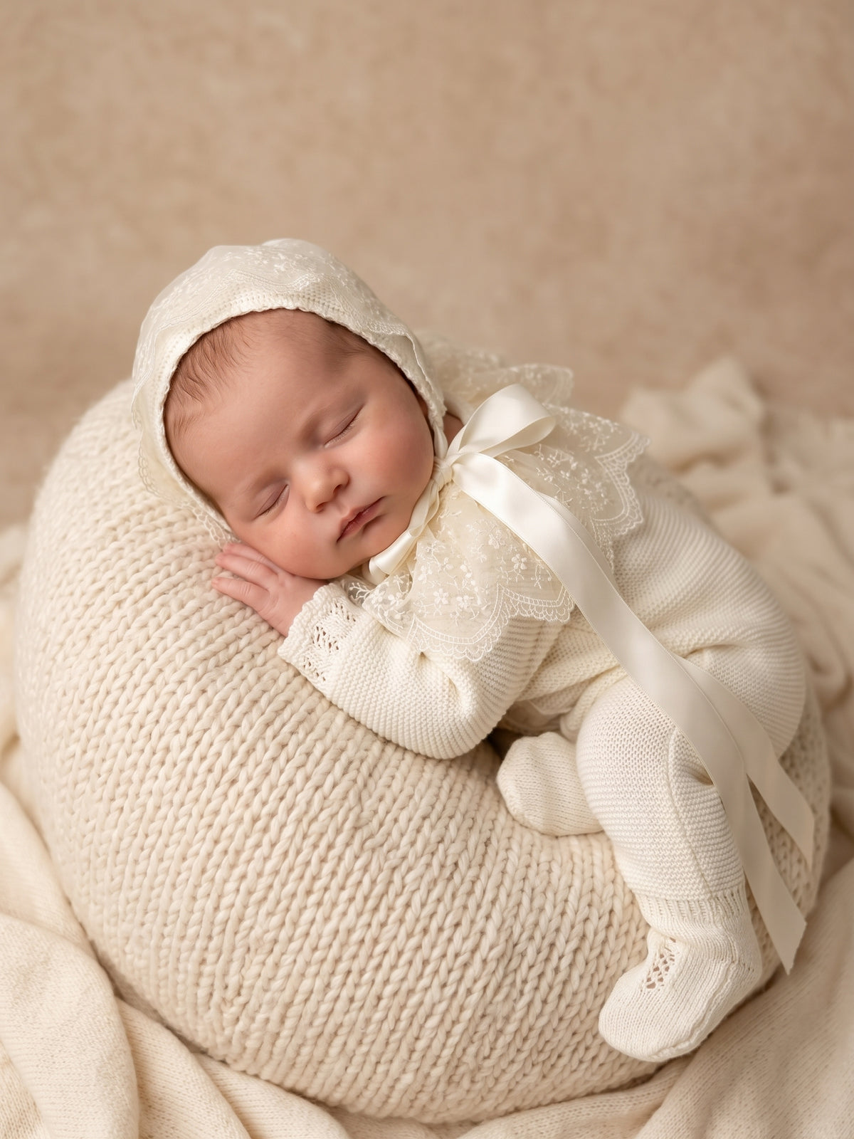 Deluxe Ivory Knit Newborn Romper with Embroidered Lace Bonnet