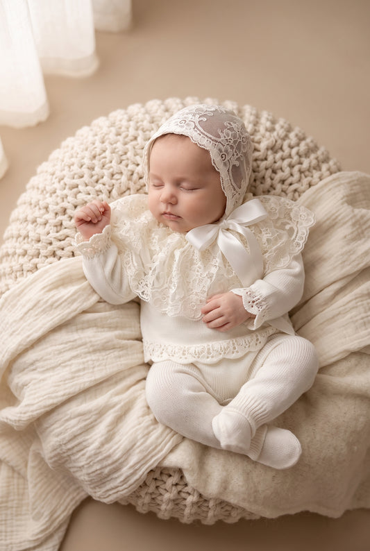 Deluxe Newborn Set with Embroidered Lace Bonnet