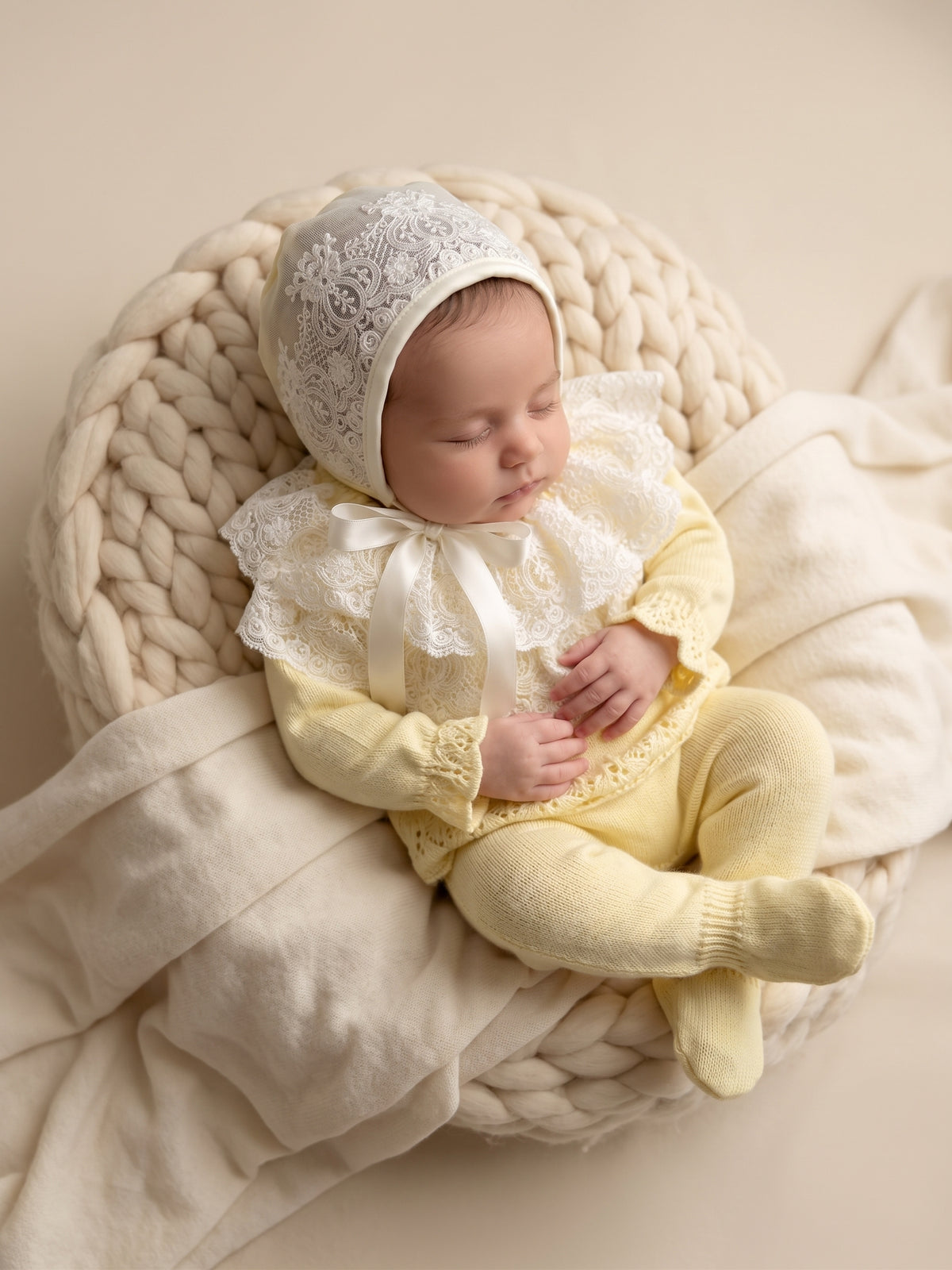 Deluxe Butter Yellow Newborn Set with Lace Bonnet