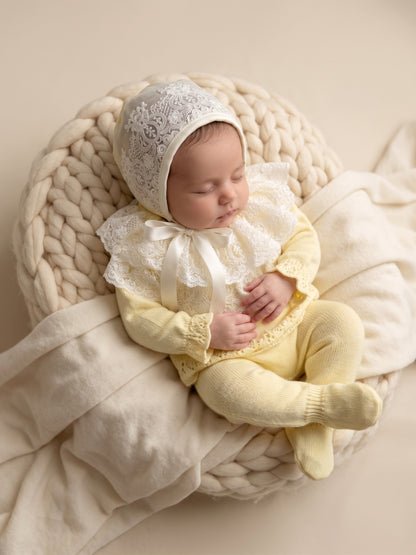 Deluxe Butter Yellow Newborn Set with Lace Bonnet