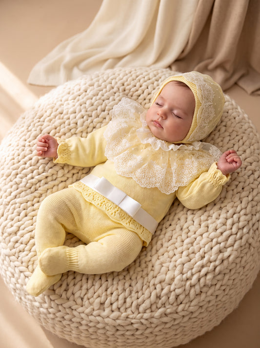 Deluxe Butter Yellow Newborn Set with Lace Bonnet