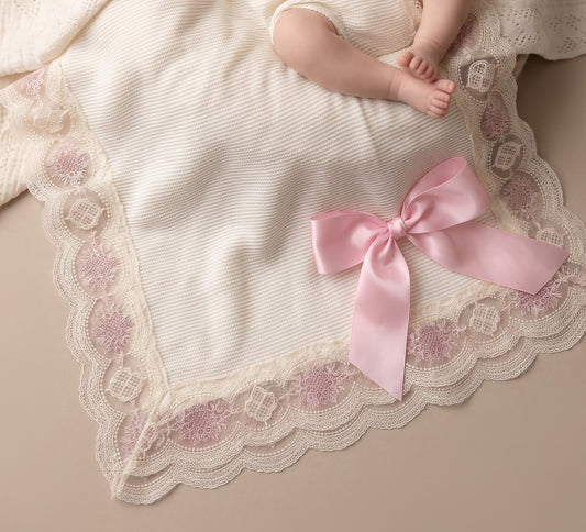Deluxe Ivory Knit Baby Blanket with Blush Pink Embroidered Lace