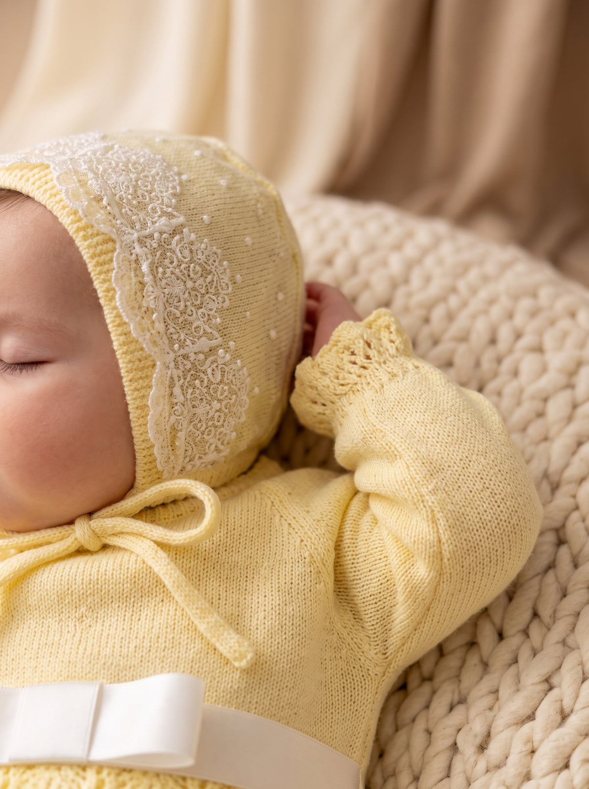 Deluxe Butter Yellow Newborn Set with Lace Bonnet