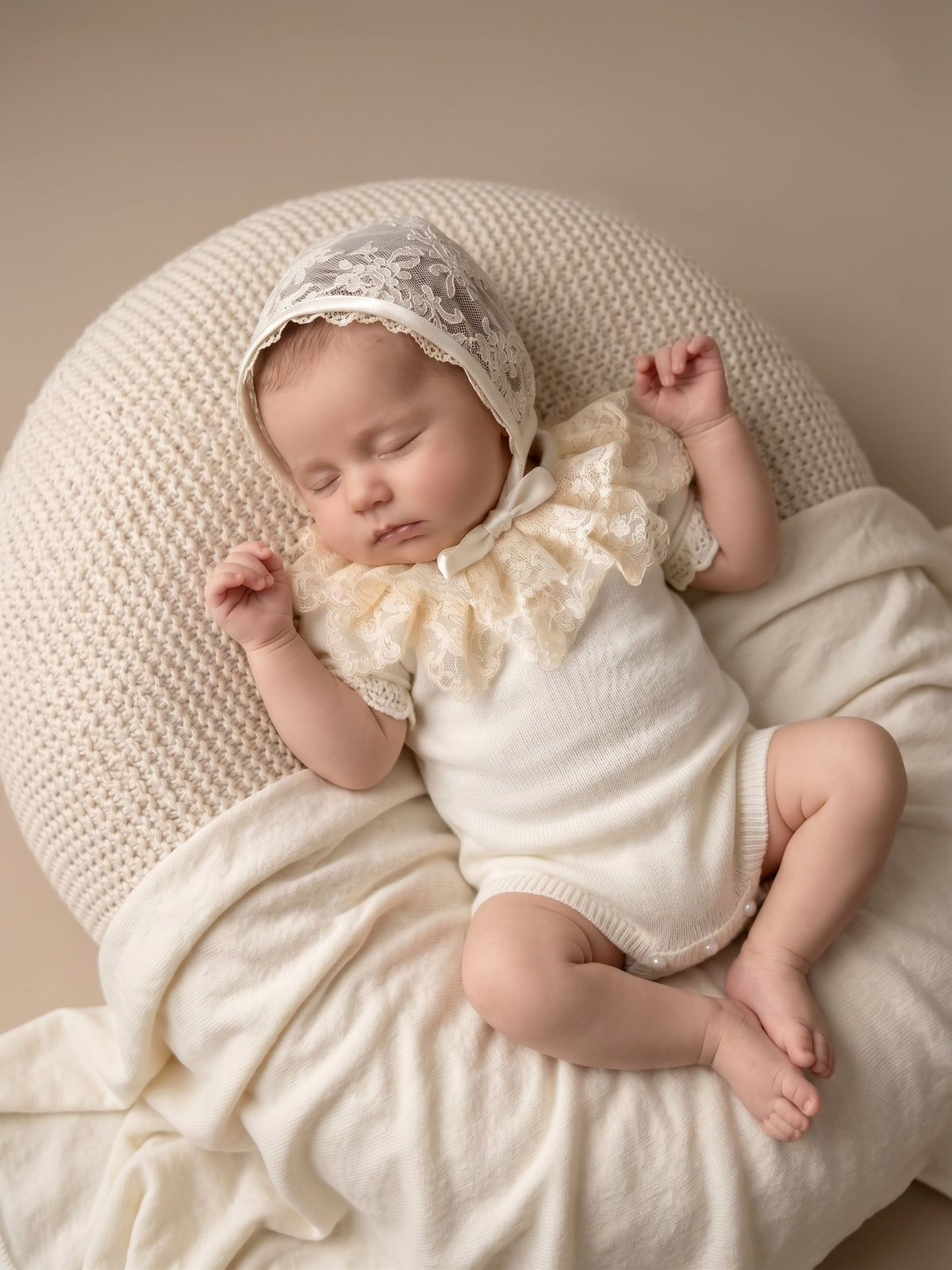 Deluxe Ivory Newborn Romper with Embroidered Lace Bonnet