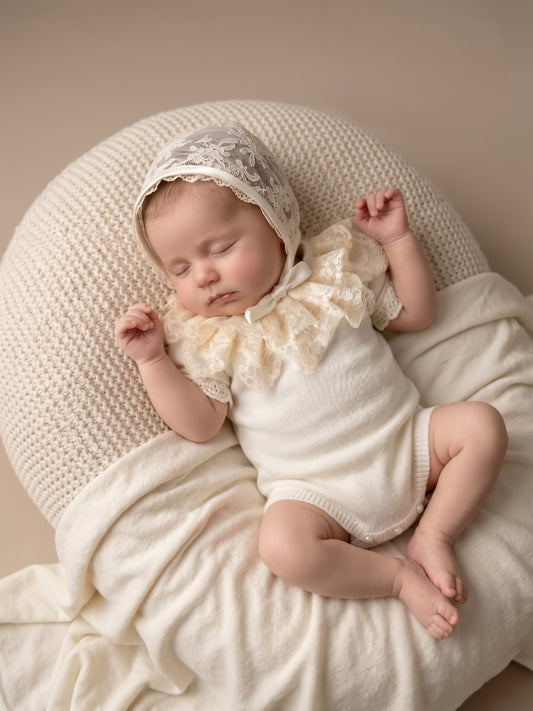 Deluxe Ivory Newborn Romper with Embroidered Lace Bonnet