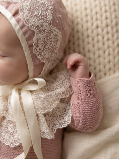 Deluxe Dusty Pink Newborn Set with Lace Bonnet