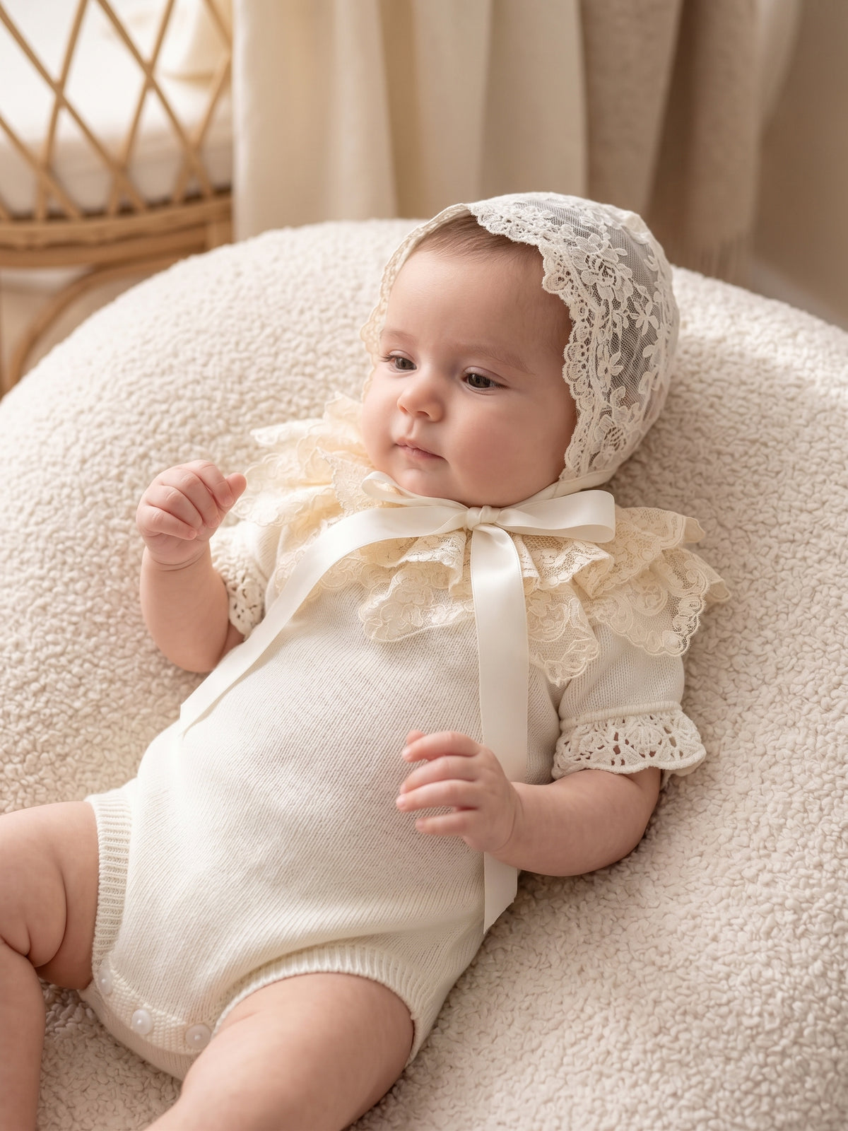 Deluxe Ivory Newborn Romper with Embroidered Lace Bonnet