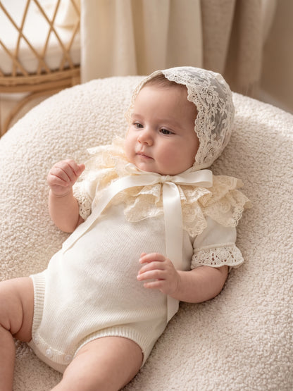 Deluxe Ivory Newborn Romper with Embroidered Lace Bonnet