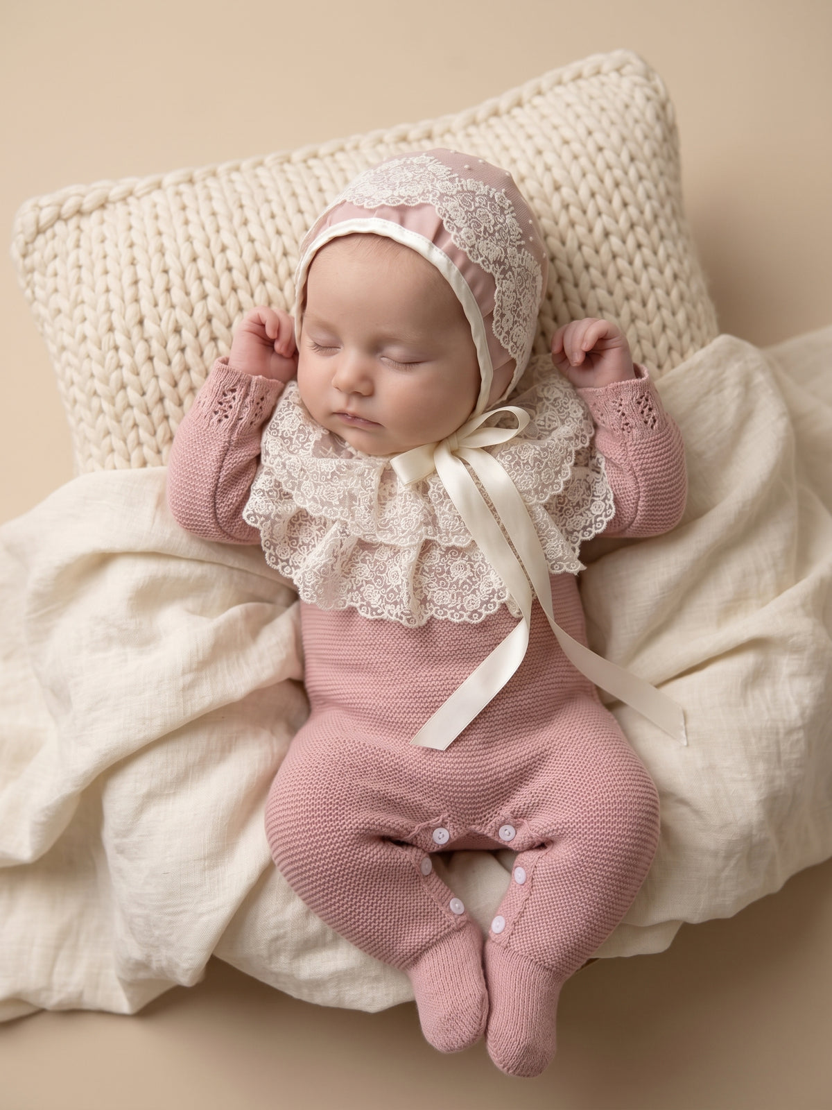 Deluxe Dusty Pink Newborn Set with Lace Bonnet