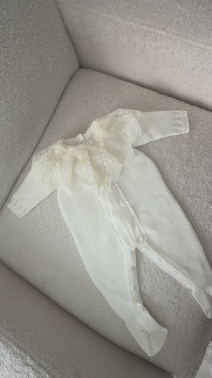 Deluxe Ivory Knit Newborn Romper with Embroidered Lace Bonnet